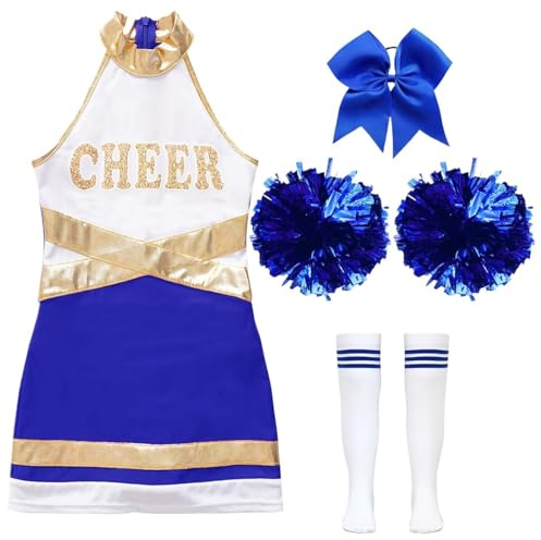 USOHJZ Uniforme de animadora for niños, conjunto ropa baile con bolas flores, equipo Para Actuaciones(A Blue,10)