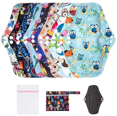 LUCKYPADS Reusable Menstrual Pads, 10 Pcs Washable Cloth Pads & Period Pads for Women (7.5 × 10 Inches) with Wet Bag & Laundry Bag, Leak-Proof 4-Layer Reusable Sanitary Pads