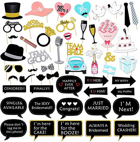 Kotbs 52pcs Wedding Photo Booth Props, Bachelorette Party Photo Booth Prop Kit for Bridal Shower, Engagement and Valentines Party, Photobooth Props Wedding Party Supplies