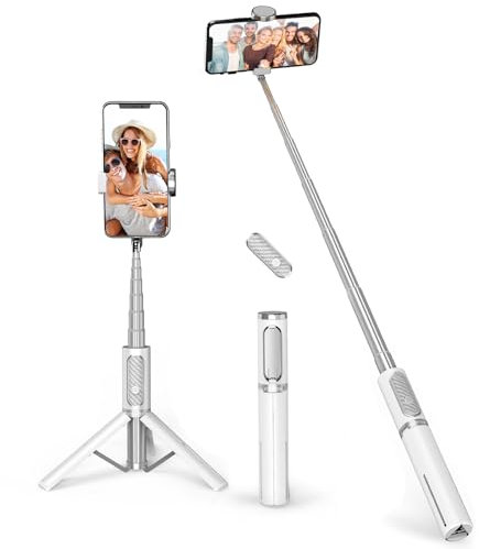 ATUMTEK Palo Selfie Trípode, Trípode Móvil 3 en 1 Extensible de Aluminio con Mando a Distancia Bluetooth Inalámbrico, Compatible con iPhone 17/16/15/14/13/12 mini/11 Pro y Smartphones Samsung, Blanco