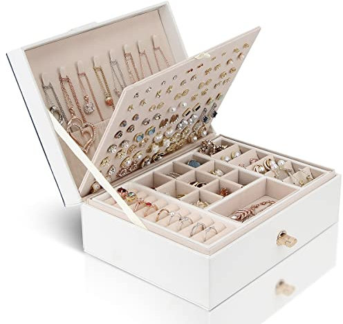 YONZONE Jewellery Box Organiser for Women Girls, 3 Layer Large Jewellery Case Storage with Removable Compartment for Necklace Earrings Rings Bracelets, PU Leather Travel Jewelry Boxes Gift, White