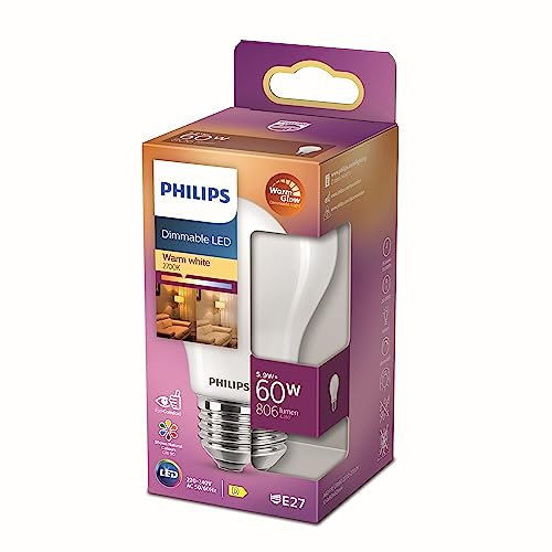 Philips LED Classic A60 Frosted WarmGlow Dimmable Light Bulb [E27 Edison Screw] 60W, Warm White 2200 - 2700K.