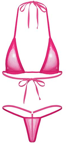 YOOJIA Kvinnors sexiga mikrostringtrosor brasiliansk bikini 2 delar baddräkt mini tankini push up bikini öppen behå push up bh push up badtopp med G-string snöre naken flesse, Hot Pink, One size