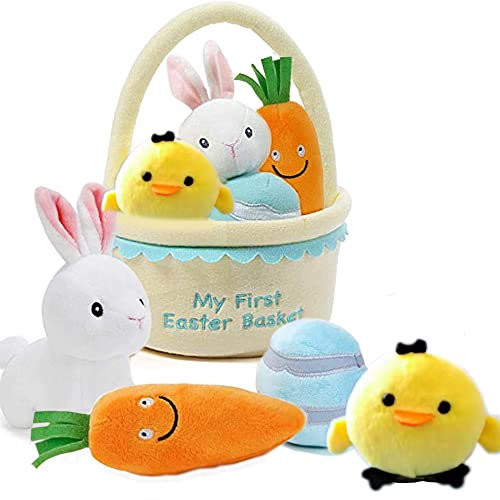 6Pcs-My First Easter Basket Stuffed Plush Playset Baby's First Easter Basket Stuffed Cartoon Bunny Easter Egg Plush Basket for Kids