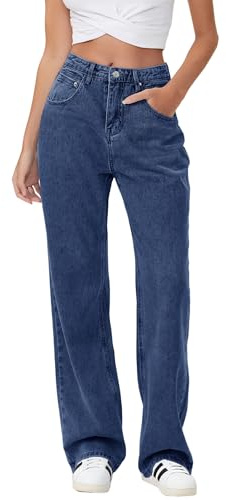HDLTE Jeans för damer, slitna boyfriend-jeans med hög midja, säckiga denimbyxor med breda raka ben, jeans i Y2K-stil, streetwear, byxor, En blå, L