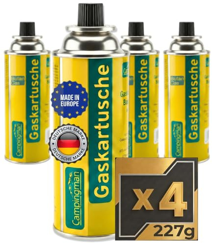 Campingman Gaspatroner, 4 stycken, 227 g, butangas, med ventil, universella bränsleflaskor med butan, campinggas för gasspis, gasvärme