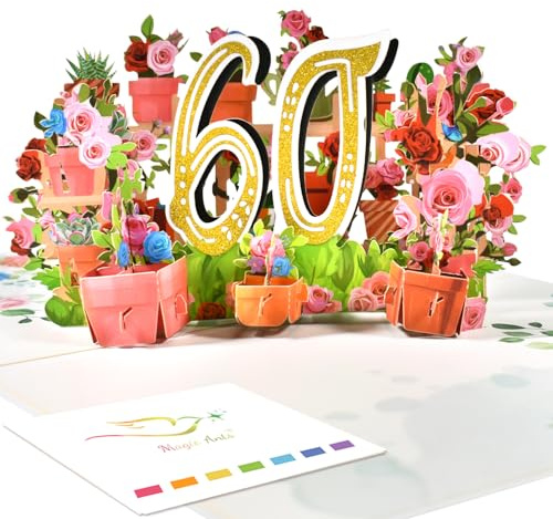Magic Ants Biglietto di auguri per anniversario, compleanno, anniversario di matrimonio, biglietto di auguri 3D, biglietto di compleanno di 60 anni, biglietto di auguri con bouquet di rose (60)