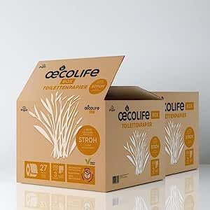 oecolife Toilettenpapier Box STROH, 3-lagig, 54 Rollen á 250 Blatt, Großpackung, superweich, plastikfrei verpackt, vegan, nachhaltiges Klopapier