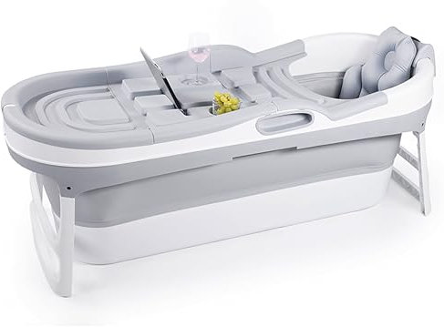 HelloBath® Faltbare Badewanne für Erwachsene XL, 148x63x52cm – Mit Badekissen, Aufbewahrungshülle, Badelampe und Massagerollen – Mobile für Dusche & Outdoor (Stahlgrau)