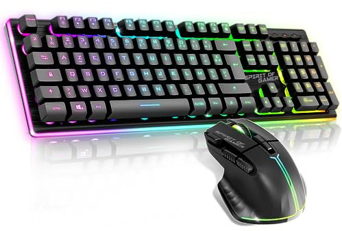 Spirit of Gamer, Pack Clavier Souris sans Fil Gamer Rechargeable RGB, Structure Aluminium, AZERTY FR Rétroéclairé, Gaming Keyboard Semi Mécanique, Wireless Mouse 4800 DPI, PS4/PS5, PC, Xbox, Noir