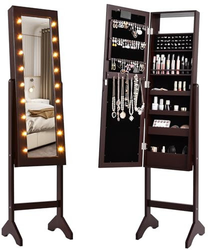 HOMASIS Armadietto Portagioie da Terra, Specchiera Portagioie con Luci LED, Specchio Contenitore con Cornice, Specchio Porta Gioielli per Caemra da Letto, Bagno, Armadio per Cosmetici (MARRONE)