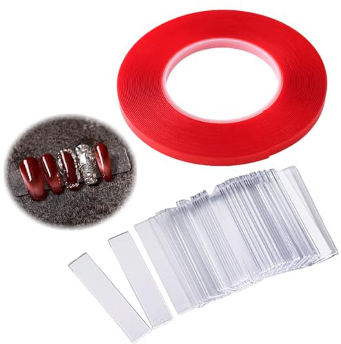 ZOKJSW presents 50 PCS Transparent Nail Art Conseils Présentoir avec 1 Rouleaux10m Ruban Adhésif Double Face, Acrylique Présentoir à Faux Ongles for La Pratique Nail Art Designs (10 m)