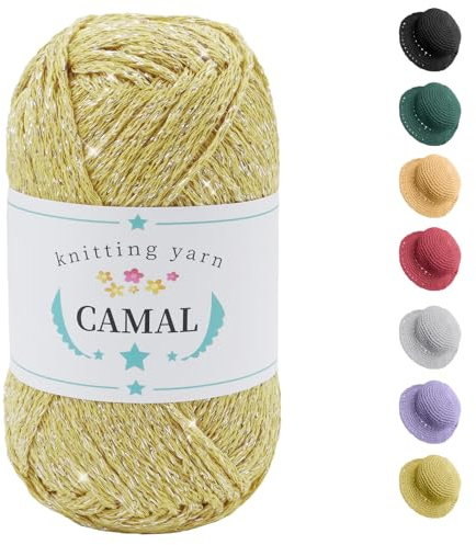 CAMAL Cotone per uncinetto, 100 g/140 m, con glitter per borse, morbido e scintillante, per uncinetto e lavori a maglia, filato metallizzato, per borsa fai da te (giallo chiaro argento)