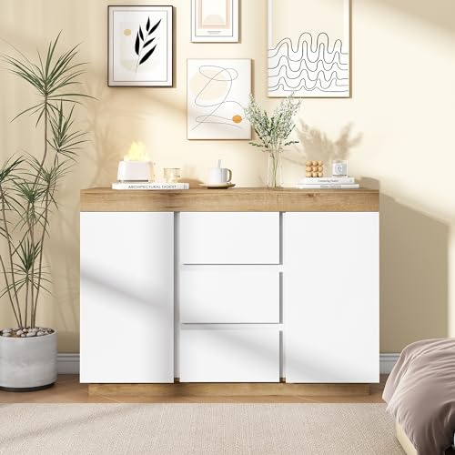 Commode à 3 Tiroirs et 2 Portes en Panneau de Particules E1 - Fonction de Rangement Pour Salon, Chambre à Coucher, Chambre d'enfant, Chambre d'adolescent et Bureau - 120 X 40 X 82 Cm - Blanc et ChêNe