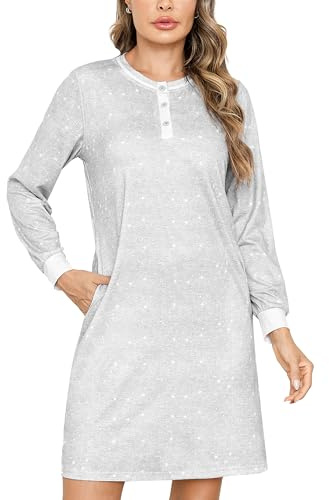 Jahetuul Chemise de Nuit Femme à Manches Longue pour Femme avec Bouton Nuisette Femme Coton avec Poches Robe Chemise Longue Femme avec Motif Étoilé Tee Shirt Nuit Femme