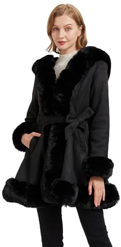AOWITH Suede Jacket With Faux Fur Collar for Women,Winter Warm Coat with Belt Outerwear (056 Black S)