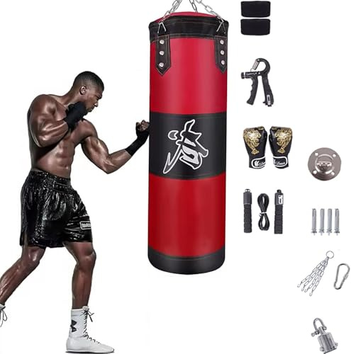 Sac De Frappe,Sac De Frappe Adulte,Sac De Boxe,15PCS Suspension Boxe Punching Bag avec Gants,Bandages,chaîne,Rotation à 360°,pour Le Muay Thai et Les Combats (Rouge, 120CM)