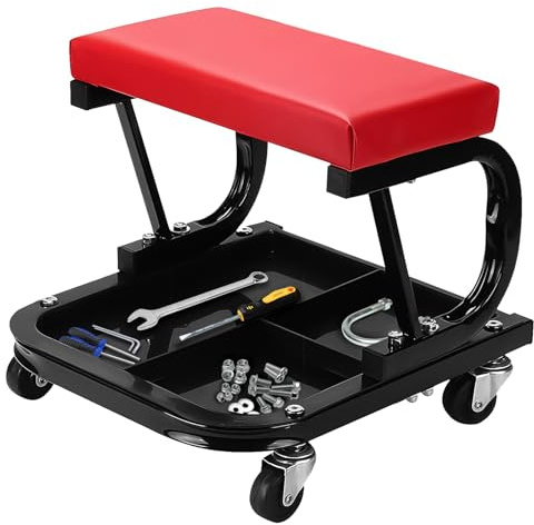 Crystals Heavy Duty Workshop Stool 150KG Capacity, Mechanics Trolley Seat with Padded Cushion, Tool Tray, Swivel Castors And Work Stool Red