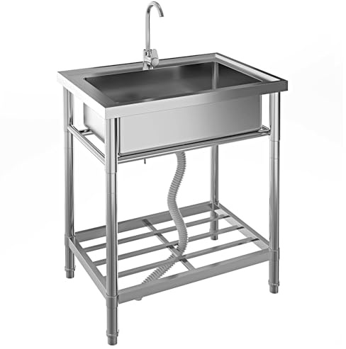 Stainless Steel Utility Sink, Free Standing Single Bowl Kitchen Sink with Faucet, Hot and Cold Water Pipe, for Garage, Shop, Laundry, Sliver