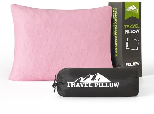 PEUJEW Small Shredded Memory Foam Pillow, Camping Pillow Travel Pillow - Compressible Medium Firm, Breathable Cover, Ideal Backpacking Hiking, Airplane and Car (Apricot Pink, L)