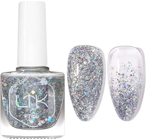Silver Flash Nagellack genomskinlig, snabbtorkande nagellack, långvarigt, färglack med glitter, normal giftfri nagelpolering utan UV-lampa för kvinnor nagelkonst, snabbtorkande, 7 ml (silverblixt)