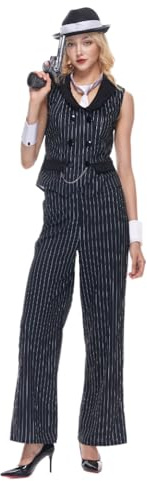 EraSpooky Women Gangster Costume Adult 1920s Pinstripe Suit, Include Sleeveless Jacket Pants Necktie Wristband Hat, Multicoloured, XL