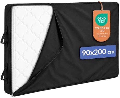 Twinzen flyttbart madrassöverdrag 90x200 cm med 25 cm tjocklek, 4 handtag och dragkedja - Vattentätt Oeko-Tex madrassskydd