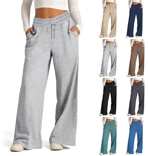ATALRPOU Gray Sweatpant Women Wide Leg Baggy Sweat Pants with Pockets Tie Waist Workout Bottoms Elastic Waist Trousers Comfy Pants for Traveling