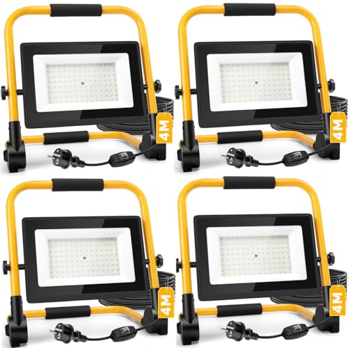Aigostar Foco de Trabajo LED 100W，9000LM，Foco LED Portátil con Cable de 4M，Enchufes Con Interruptor Estanco，IP65 Impermeable，Soporte plegable，Uso en Interior y Exterior，Obra， Taller，6500K，4 piezas