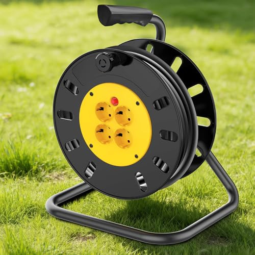 Kabeltrommel 4-Fach Stecker und Europea,50M Kabelrolle, Kabelbox mit Kurbel und Überhitzungsschutz für Wand- und Deckenmontage