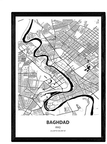 Nacnic Poster mappa di Baghdad - Iraq. Fogli città del Medio Oriente con i mari e fiumi, in colore nero. formato A3
