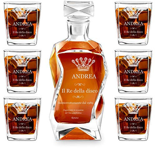 Maverton Set Decanter per Whisky in vetro - da 700 ml - incisione personalizzata - Caraffa con 6 bicchieri - idea regalo per il compleanno - per l’ uomo - Corona reale