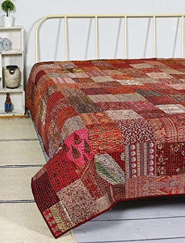 Vinsan Home Indian Patchwork Kantha Trapunta, copriletto in seta patola Kantha reversibile per letto matrimoniale, vintage punto mano Gudri, coperta decorativa da spiaggia (doppia 152,4 x 228,6 cm,