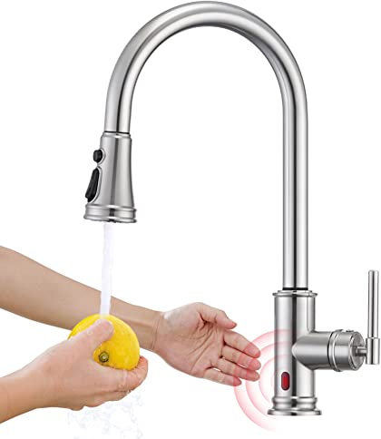 YUANNY Wasserhahn Küche Touchless Sensor, Hochdruck Küchenarmatur mit Brause Ausziehbar Armatur Smart, Mischbatterie Spültischarmatur Küche, 360° Schwenkbar Drei Sprühfunktionen, Edelstahl