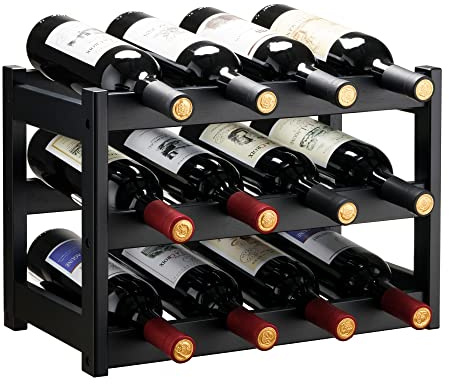 VASMIA Bamboo Wine Rack, Sturdy and Durable Wine Storage Cabinet Shelf, Wine Racks Countertop for Pantry,Kitchen,3-Tier 12 Bottles Wine Rack Black