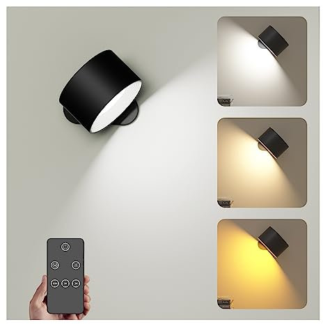 Wandleuchte Innen, Wandlampe mit Fernbedienung Dimmbar mit Akku mit USB-Ladeanschluss, Led Wandleuchte Touch Control 3 Helligkeitsstufen 3 Farbmodi 360° drehbare für Wohnzimmer Schlafzimmer Schwarz