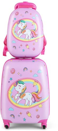 RELAX4LIFE Set Valigia Bambini 2 in 1 Unicorno Arcobaleno Lilla (Trolley16 + Zaino 12) con Ruote 360°, Maniglia Regolabile, Zaino con Piedini | ABS Resistente | Ideale per Viaggi e Scuola