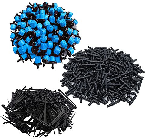 300PCS Kit de riego por goteo automático Sistema de riego de jardín Aspersores de goteo de micro riego ajustables,estacas de soporte de manguera para sistema de riego de manguera de 4/7 mm, azul