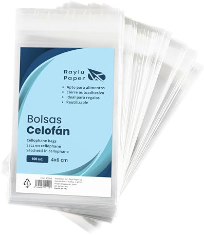 Raylu Paper® – Bolsas de Celofán Transparente, 100 Bolsas Transparentes con Cierre Autoadhesivo, Bolsitas de plástico para Regalos, Celebraciones, Cumpleaños y Chuches. (4x6 cm)