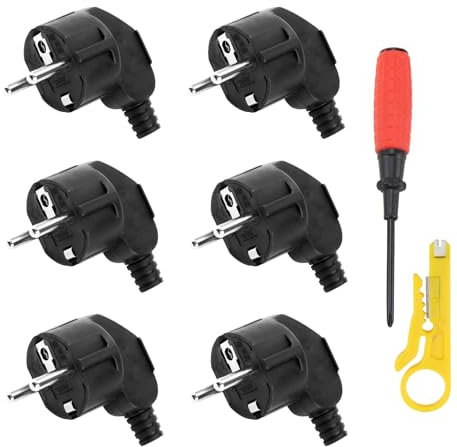 CHEVVY 16A Schuko Stecker 6 Stück Stecker 250V Schutzkontakt Stecker mit Zugentlastung Langlebig Kann für 8-10mm Kabel Spritzwassergeschützt und Langlebig IP20 Schwarz