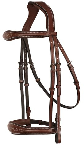 Exion Hunter Anatomic English Bridle – Padded Fancy Stitched Leather Bridle with Rubber Reins – Ergonomic Poll Relief Crownpiece for Show Jumping & Eventing – Stainless Steel – Havana Brown