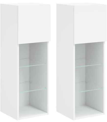 vidaXL Wall-Mounted TV Cabinets with LED Lights – 2 pcs Engineered Wood Media Units With Storage Space, Bright White Finish, 30.5x30x90 cm Size