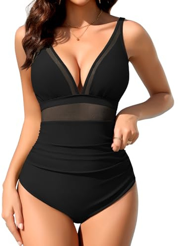 Svanco Baddräkt för kvinnor, mage, sexig, mesh, onepiece, badmode, push-up, hög midja, slimming, baddräkt med V-ringning, baddräkt, svart, XL