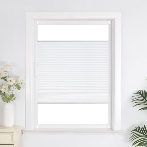 Joyswahl Plissee Rollo ohne Bohre, Klemmfix, Sonnenschutz, Lichtdurchlässig, Sichtschutz, Faltrollo mit Klemmträger für Fenster 1er Pack Weiß BxH 40x130cm
