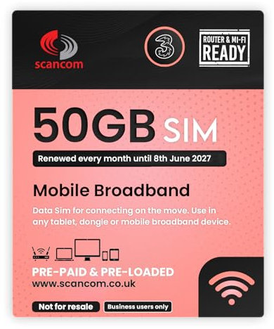 Three 50GB Data SIM – Uncapped 5G Speeds – Preloaded EVERY MONTH Until 8th JUNE 2027 – No Contract – Plug & Play for Business Broadband, Routers & Phones
