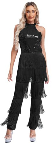 Jugaoge Damen Latein Body Neckholder Jumpsuit Overall Pailletten Top und Lange Hose mit Fransen Einteiler Tanzbekleidung für Cha Cha Samba Salsa Schwarz M