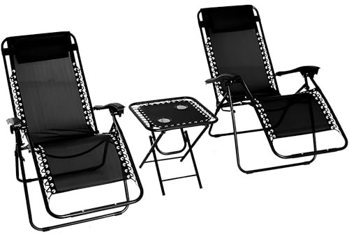 Alivio Heavy Duty Zero Gravity Chair with Coffee Table, Adjustable Reclining Folding Sun Loungers for Outdoor, Patio (Set of 3 Piece, Black)