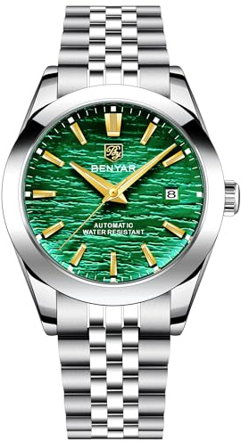 BENYAR BY5209 Montre mécanique automatique pour homme 40MM Bracelet en acier inoxydable étanche Lumineux Montre décontractée pour homme Date, vert, Moderne