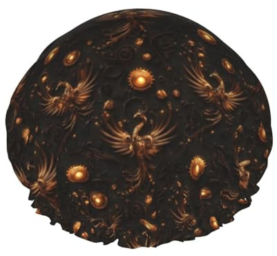 Steam Punk Bird Print Shower Caps for Women, Reusable Double Layers Elastic Band Long Hair Bath Caps for Shower