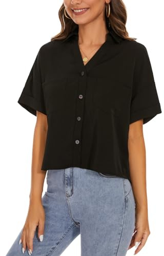 Women Short Sleeve Blouse Button Down Crop Notch Lapel Shirt Casual Top | Womens Short Sleeve Blouses Button Down Shirts Crop Length Solid Notch Lapel Shirt with Chest Pocket Casual Daily Tops
